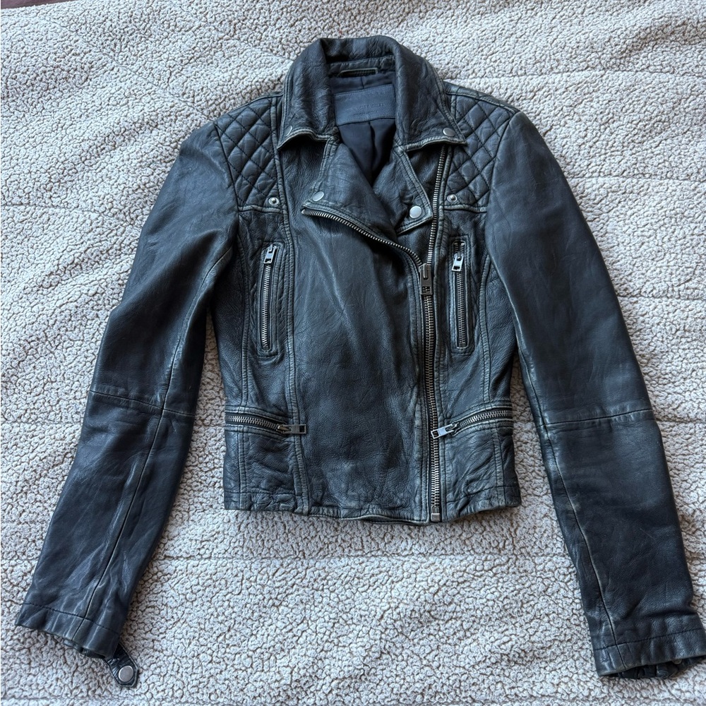 All Saints Cargo Distressed Leather Biker Jacket size 0